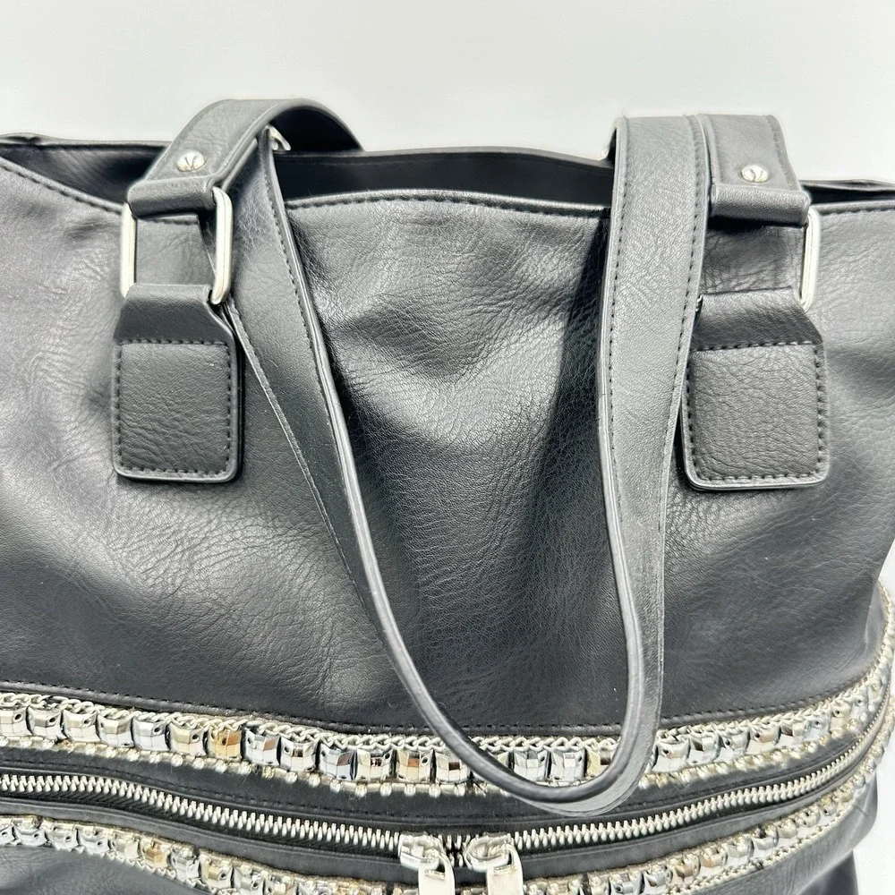 Faux Leather Black Silver Jeweled Large Shoulder Tote Bag 17 X 12 X 6 Edgy Chic